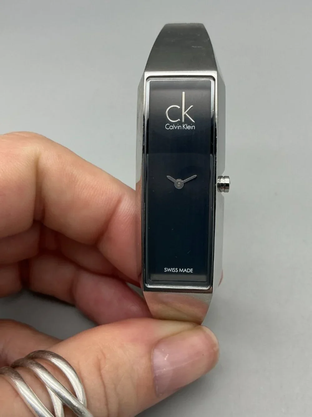 Calvin Klein Women Watch 16mm Stainless Black Rectangle Swiss New Battery 6.5